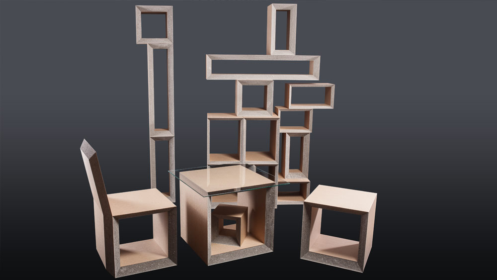 KAOX modular cardboard shelf, seating and storing system with stool, table: Made of sustainable recycled paper